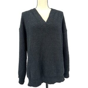 MEROKEETY Women's M Black Boucle Knit V-Neck Long Sleeve Cozy Sweater